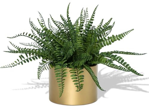 DuHouse Artificial Boston Fern Potted Plant, Fake Greenery Plants in Pot, Faux Fern for Home Office Desk Shelf Bathroom Kitchen Farmhouse Tabletop Decoration (Gold Metal Pot)