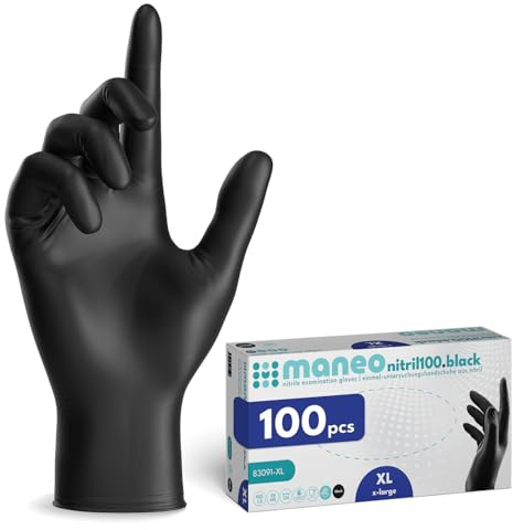 maneo 100 guanti monouso neri taglia XL, guanti in nitrile senza polvere e senza lattice, articoli in gomma monouso resistenti per pulizia, cucina e uso domestico