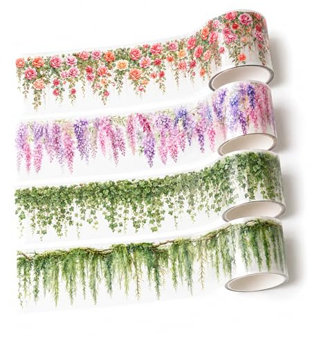4 Pièces Ruban Adhésif Décoratif Fleurs,Scrapbooking Washi Tape Floral,HMCEY Ruban Masking Tape Coloré,Stickers Aesthetic pour Album Photo,Autocollant pour Journaling pour Bricolage, Loisirs Créatifs