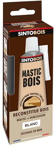 SINTOBOIS - Pâte à Bois - Angles et Gros Trous - Reconstitue les Parties Manquantes - Intérieur Extérieur - Haute Résistance et Adhérence - Sec en 20min - Blanc - Technique Professionnelle - 60g