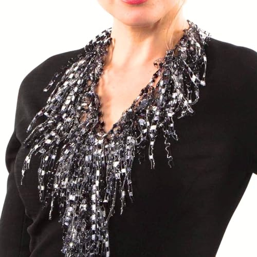 Black and White Neck Scarf for Women Lightweight Summer - Fringe Infinity Scarf for Women - Long Black and White Statement Necklace Jewelry - Fancy Style like Silk Chiffon Lace - PO