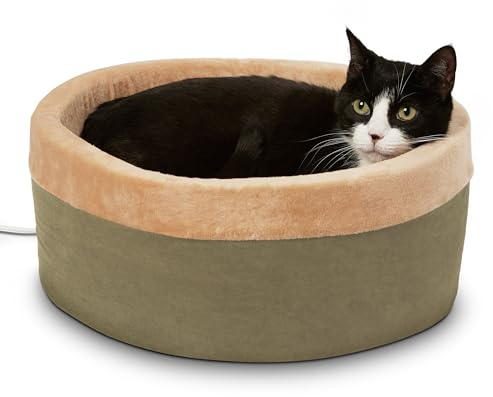 K&H Pet Products Heated Cat Bed for Indoor Cats, Dogs, and Pets - Round Walled Thermo-Kitty Bed with Removable Waterproof Cat Heating Pad, Machine Washable, MET Safety Listed - Small 16 Sage