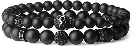 COAI Set Due Bracciali da Uomo in Onice Opaca e Amuleto Teschio, Bracciali in Pietre Naturali con Inserti in Rame e Zirconi M