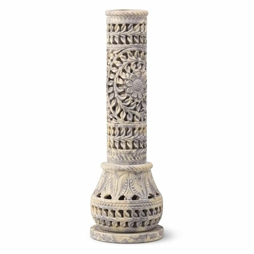 Carry Me Marble Soapstone Incense Stick Holder | Candle Burner | Tea Light Stand - Perfect Handmade Bottle Tower. Decorative Floral Carving for Gifting - Home and Office Decor - (3x3x10.5 Inches)