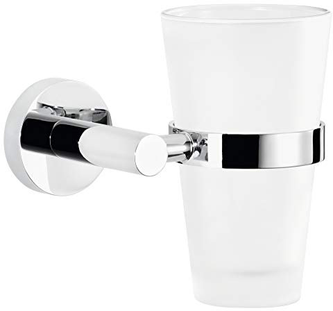 tesa EXXCELLENT Zahnputzbecher mit Halterung - Becher aus Milchglas, verchromte Wandhalterung - zur Wandbefestigung ohne Bohren - 130mm x 125mm x 105mm