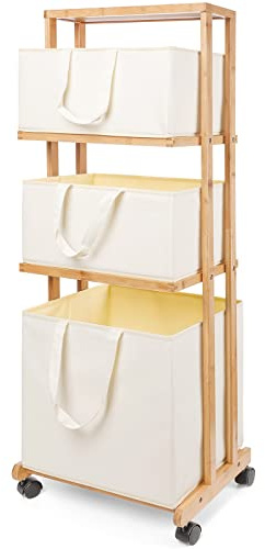 Yorbay Cestos para la Colada，Estantería de Baño en Bambú con Ruedas, 121x42x34cm, Beige, para Ropa Sucia, Armario con Cesta para Organización de Colada