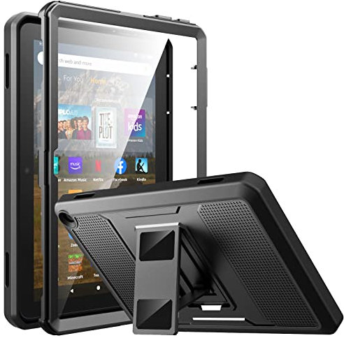 MoKo Custodia Protettiva Compatibile con All-New Amazon Kindle Fire HD 8 & 8 Plus Tablet (12th Gen,2022 Release)8, Case con Supporto a Doppio Angolo, Cover in TPU e PC, con Pellicola Protettiva, Nero