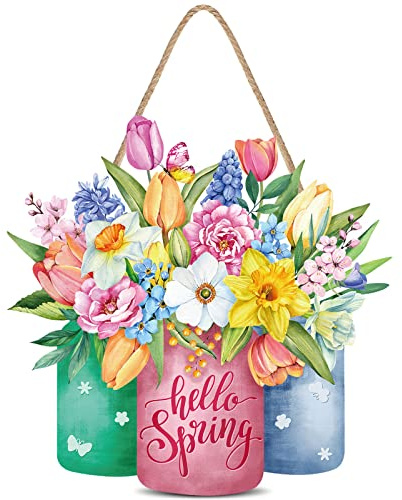 Capoda Hello Spring Door Sign Colorful Floral Spring Hanging Sign Happy Welcome Door Signs Rustic Wood Wall Hanging Decor for Easter Party Outdoor Indoor Front Doors Decor(Multicolor, Flower Style)