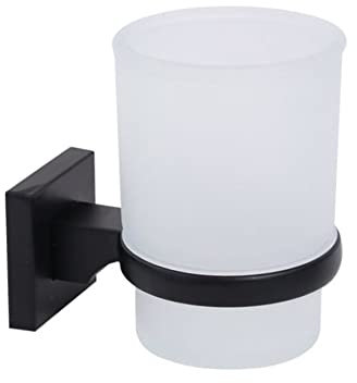 Vetrineinrete® Bicchiere Porta spazzolino da Muro in Acciaio Nero e Vetro Satinato Fissaggio con Viti o Senza Viti Biadesivo Accessori arredo Bagno