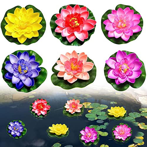 6 st flytande blommor, näckrosväxter, konstgjorda vattenliljor, flytande, konstgjorda blommor, vit lotus, dammväxter, flytande, dammdekor för trädgård, uteplats, akvariedekoration