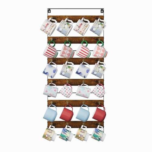 Huxitocan Mug Racks for Wall, Coffee Mug Holder Wall Mount Up to Hold 24 Mugs, Coffee Mug Rack Wall Mounted(3Pack) for Kitchen, Home, Coffee Bar, Rustic Wood and Iron