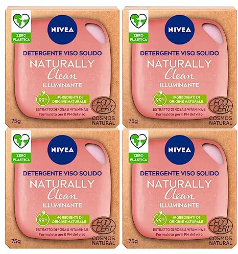 Nivea Naturally Clean Feste Gesichtsreiniger mit Rosen- und Vitamin-Extrakt und vegane Formel mit Zutaten 99 % natürlicher Herkunft - 4 Seifen à 75 g