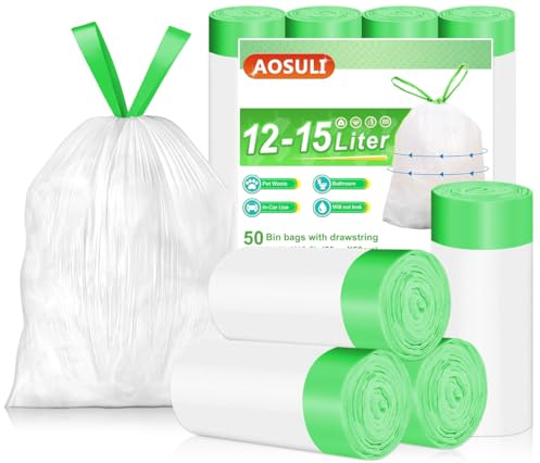 AOSULI 12L-15Liter Bin Bags Drawstring Bin Liners with Tie Handle Small White Trash Bags,50 Liners