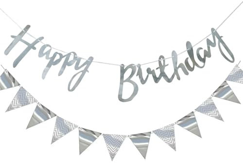 ALEGRE® Guirlande « Happy Birthday » avec fanion, 5 m à paillettes métallisées, bannière argentée à suspendre pour adultes et enfants, bannière d'anniversaire pour décoration de fête d'anniversaire
