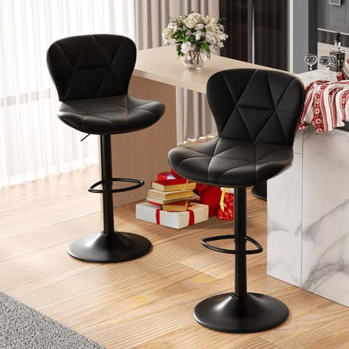 Hawthyhome Barhocker 2er Set |Barstuhl Höhenverstellbar mit Rückenlehne, Höhenverstellbar, 360° Drehbar, Kunstleder, für Esszimmer Heimbar Kücheninsel, 2 x Hocker, Schwarz