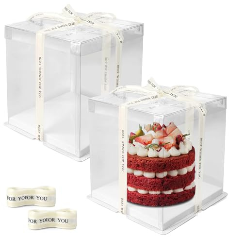 Chingcoo presentask genomskinlig, 2 stycken tårtlådor transparent, transparent presentförpackning, dubbla lager tårtlåda, tårtlåda med bas och band (30 x 30 x 25 cm)