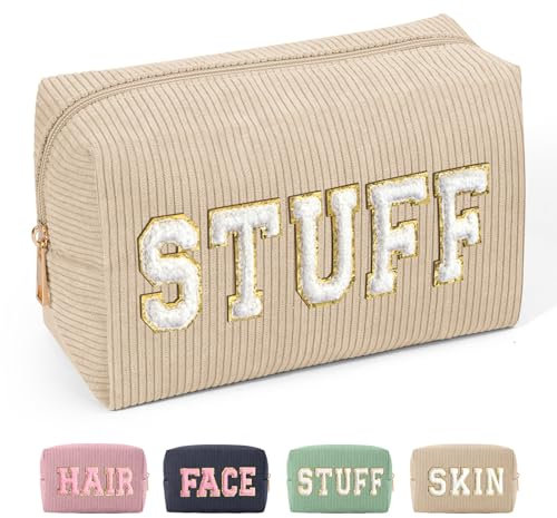 MAGEFY Chenille Letter Kleine Make up Tasche Cord Kosmetiktasche mit Innentasche Reise Schminktasche Kosmetiktasche Klein für Handtasche Damen, Beige-Stuff