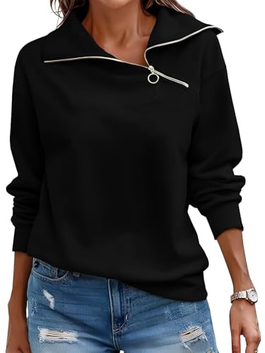 Cuptacc Damtröja, sweatshirt, höst, kvarter, dragkedja, långärmad ståkrage, pullover, lös, enfärgad, ledig topp, dam | Höst, vinter, vår, ståkrage, V-ringad, avslappnad, elegant, dragkedja, ren färg, basic, mode, klassisk
