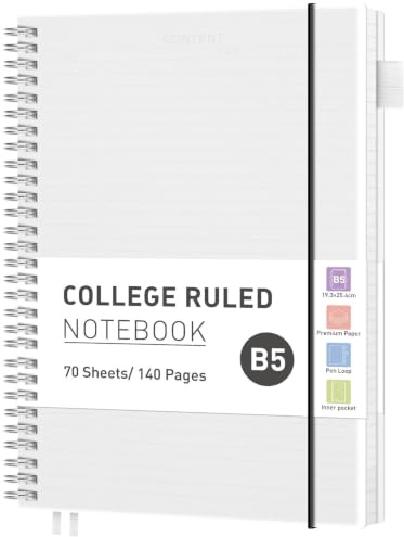 RETTACY B5 Spiral Notebook, Lined Journal, Notepad, 140 Pages, Transparent | Flexible Plastic Cover Note Book, 100 GSM College Ruled Paper, with Pocket, Pen Loop, Ruler & Bookmark - 19 × 25 cm