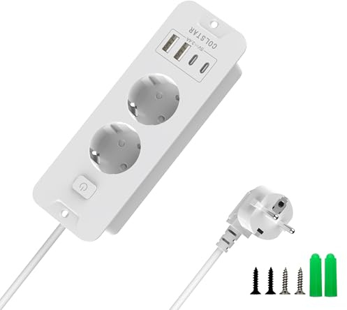 Osynligt integrerat inbyggt uttag med 2 fack, 2 USB-C + 2 USB-A, 16 A, 2 m kabel, energibesparande brytare – bordsskiva infällbar grenuttag för städade arbetsplatser (vit)