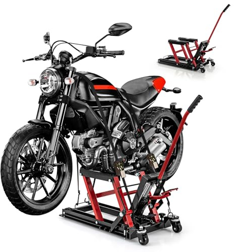 GYMAX Martinetto Idraulico per Moto, Sollevatore ATV a Cerniera con Manico Lungo, 4 Ruote, Portata 680 KG, Gamma di Sollevamento 12-38,5 cm, Cric Idraulico a Pedale per Moto, ATV (Rosso)