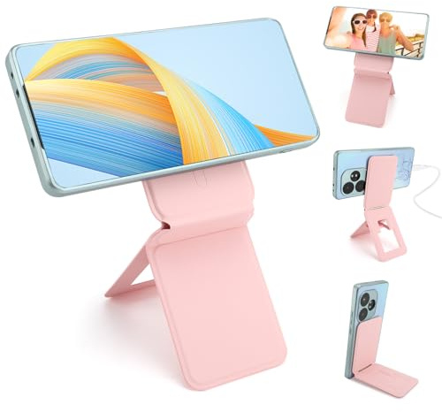 Generico Supporto per telefono da tavolo con anello magnetico in pelle PU Regolazione multi angolare Supporto treppiede per telefono da tavolo pieghevole per videochiamate (Rosa)