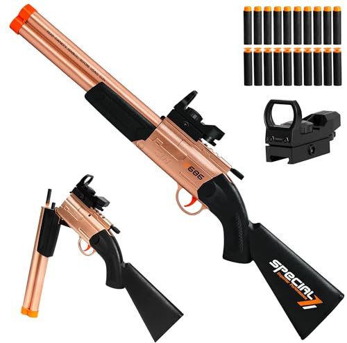 Double-Barrel Shotgun Toy Gun Gold - Soft Bullet Realistic Shell Ejecting Foam Blaster Sniper Rifle Kids 8+ Young Boys Girls Age 8-12 Dart Gun Teen Adults Red Dot Scope Cool Outdoor Play Shooting Game