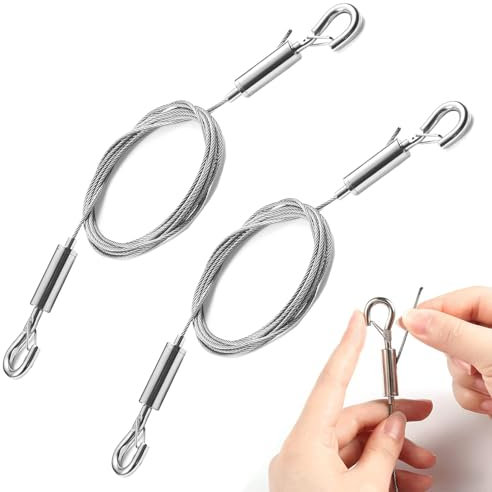 2 Stück Drahtseil, Verstellbarer Fotoseil Bilder, 2 m × 1,5 mm Robust Edelstahl Stahlseil mit Haken, Aufhängung Foto Hängedraht Set für Bildern Reklametafeln Panel Lampe Spiegeln, Hält bis 30 kg