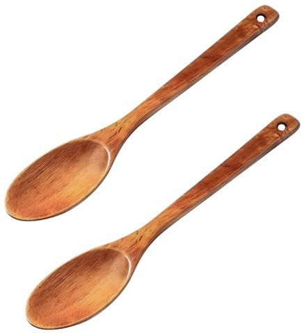 Lot de 2 cuillères de cuisine en bois de 31 cm avec vernis en bois, couverts à salade, cuillères à soupe, cuillères en bois pour remuer et cuisiner