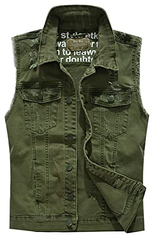 Chaleco de mezclilla para hombre, chaqueta vaquera sin mangas para hombre, casual, al aire libre, chaleco vaquero vintage con múltiples bolsillos, chaleco de mezclilla rasgado de color sólido, chaleco