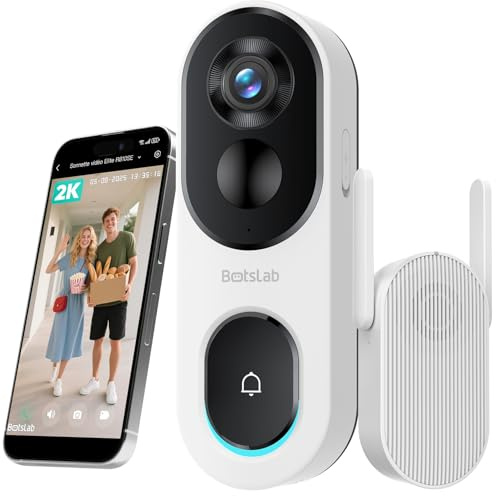 BOTSLAB Türklingel mit Kamera 2K Video Türklingel Akku, Kabellose Videotürklingel mit Kopf-bis-Fuß-Ansicht, Ohne Monatsgebühr, 2-Wege-Audio, 2.4GHz WLAN, Batteriebetrieben, Arbeit mit Alexa