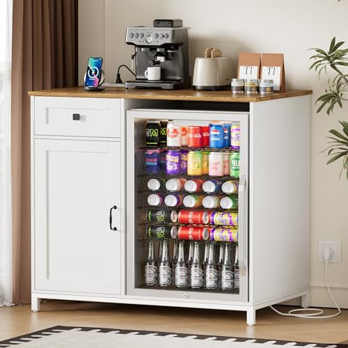 MSFE 2-in-1 Küchenschrank, Sideboard mit Mini Kühlschrank/Kühlbox Stauraum, Sideboard Wohnzimmer Buffetschrank mit Steckdosen für Küche, Wohnzimmer, Esszimmer, Schlafzimmer, Holz, Vintageweiß