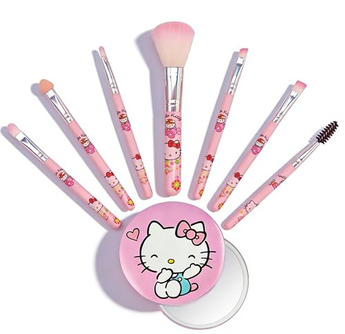Kawaii Cat 7 PCS Makeup Brushes with A Mirror, Cartoon Cosmetic Makeup Brush Set Professional Tool Kit Set Brush Set Best Gift for Girl Women