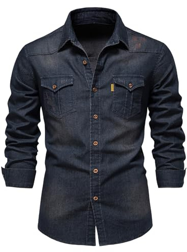 Morbuy Denim Shirts for Men Regular Fit Long Sleeve Casual Mens Cotton Collared Button Down Navy Blue Denim Jacket Shirts Top Autumn Winter Coats with Pocket
