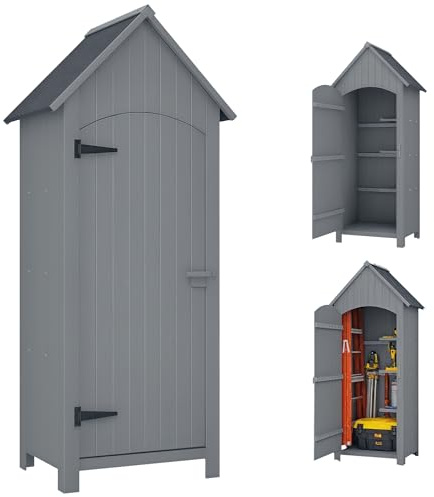 Outsunny Capanno Porta Attrezzi da Giardino in Legno di Abete con 3 Ripiani, Casetta Attrezzi Giardino con Tetto Inclinato Impermeabile per Terrazza Patio, 77.5x54.2x179.5 cm, Grigio