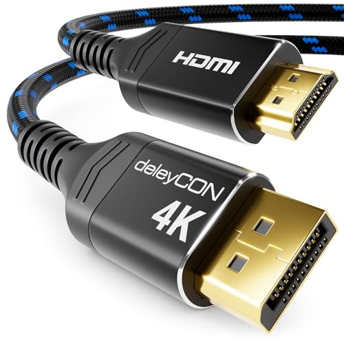 deleyCON 5m 4K DisplayPort till HDMI Kabel (För HDMI‑skärm, TV, Projektor) - 4K@60Hz - Aluminiumkontakter + Nylonkabel - för DP‑dator, PC, Grafikkort | För HDMI-skärm, TV och projektorer, aluminiumkontakt + nylonkabel, för DP-dator, PC och grafikkort