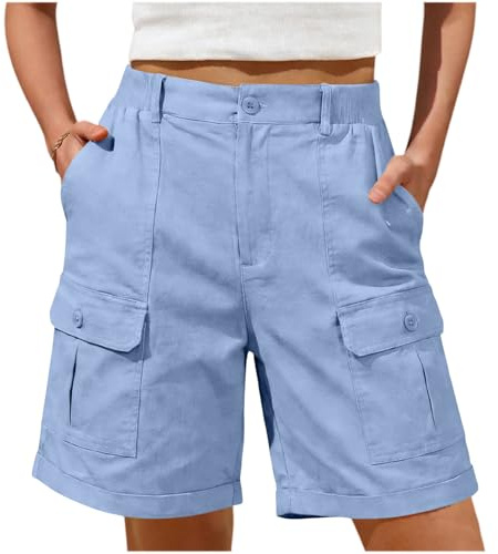 Cargo Shorts Women High Waisted Cotton Trousers with Multiple Pockets Straight Leg Pant for Ladies Short Trouser Knee Length Cargo Shorts for Women Outdoor Walking Golf Summer Travel Pants