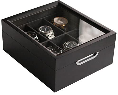 CASE ELEGANCE Uhrenbox 2x3 Modernes Schwarzes Finish mit Aluminiumgriff - für 6 Uhren mit Echtglas Top