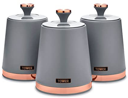 Tower T826131GRY Cavaletto - Juego de 3 recipientes de Almacenamiento para té, café, azúcar, Acero, Gris y Oro Rosa