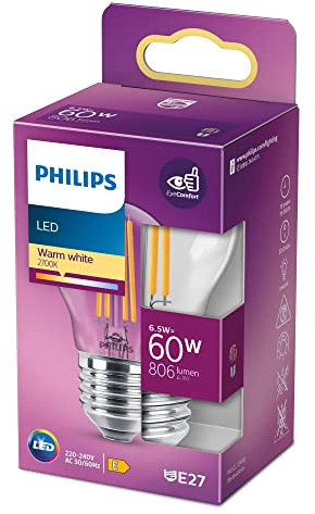 Philips - Bombilla LED Cristal, 60W, E27, Filamento, Luz Blanca Cálida, No Regulable