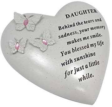 Personalised Grave Ornament/Memorial Plaque with Heart With 3 butterflies & Blue Gems | Graveside Decoration Gift in the Loving Memory of your Loving Deceased Ones (Daughter)