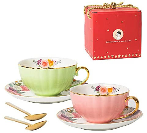 Porzellan Teetasse mit Untertassen und Löffel, 2 Satz von 8 oz Floral Kaffeetasse mit Goldrand Halter, Königliche Keramik Teetasse Set Espresso Lattebecher für Hochzeit Geburtstag (Rosa+Apfelgrün)