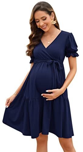 KOJOOIN Abito Premaman da Donna Abito da Allattamento con Scollo A V Elegante Abito Premaman con Maniche A Sbuffo con Volant Blu Scuro (Manica Corta) L