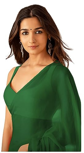 Sidhidata Sari da donna in pura georgette con camicetta non cucita (Rocky Aur Rani Ki Prem Kahani Alia Bhatt Saree), Bottiglia Verde, taglia unica