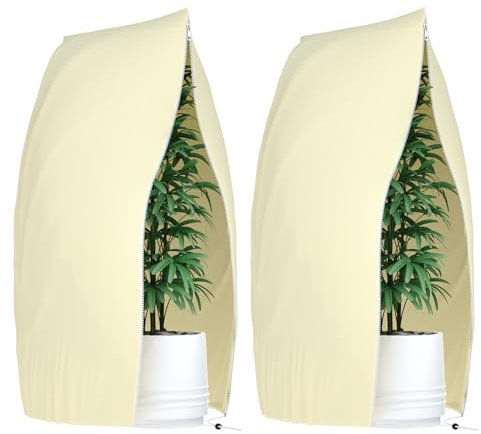 Estefanlo Lot de 2 protections hivernales pour plantes en pot, avec fermeture éclair, cordon de serrage, couverture antigel pour arbre, palmier, plantes de balcon, beige, 120 x 180 cm