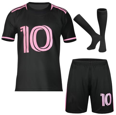 Aomig fotbollssats för barn, träningsoverall set, träningsset för fotboll T-shirts Shorts och strumpor, träningsoverall för utomhusbruk-26 stl (No.10, svart)