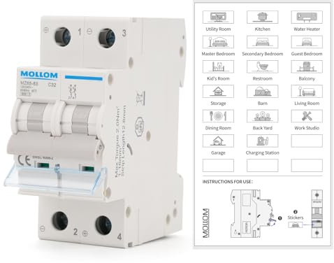 MOLLOM Disjoncteur miniature unipolaire CA 2P,110V-240V 32A,C32,déclenchement thermomagnétique,capacité de coupure 6KA.Pour systèmes solaires AC,usage domestique et camping-cars