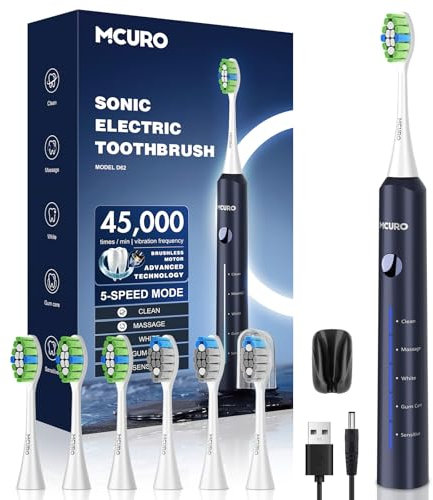 Spazzolino Elettrico, Spazzolino Sonico, Spazzolini Elettrici - Autonomia 120 Giorni e Timer, 5 Modalità, 40000VPM, IPX7, Spazzolino Denti Elettrico Nero