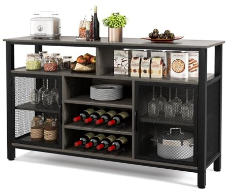 GiantexUK Kitchen Storage Cabinet, Wooden Buffet Sideboard with Wine Racks, Glass Holders, Metal Mesh Doors & Shelves, Freestanding Cupboard Organize Unit for Dining Living Room (Gray+Black)