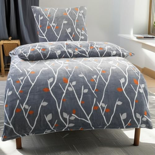 FELLANO® Cashmere Touch Bettwäsche 135x200 cm + 80x80 cm - Plüsch Winter Wendebettwäsche - besonders weich - kuschelige Fleece (Kirschzweig grau, 135x200 cm)